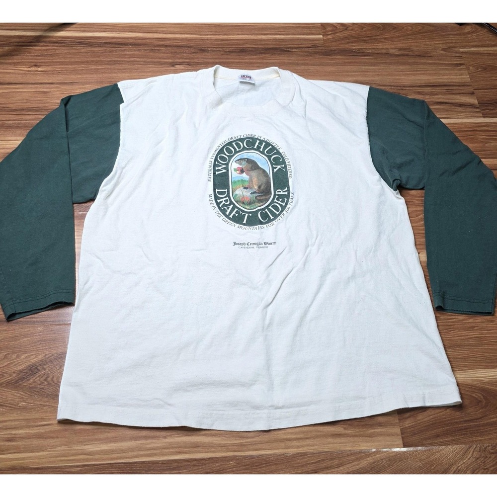 Vintage Woodchuck Draft Cider Shirt Mens XL White Green Vermont Long Sleeve 90s